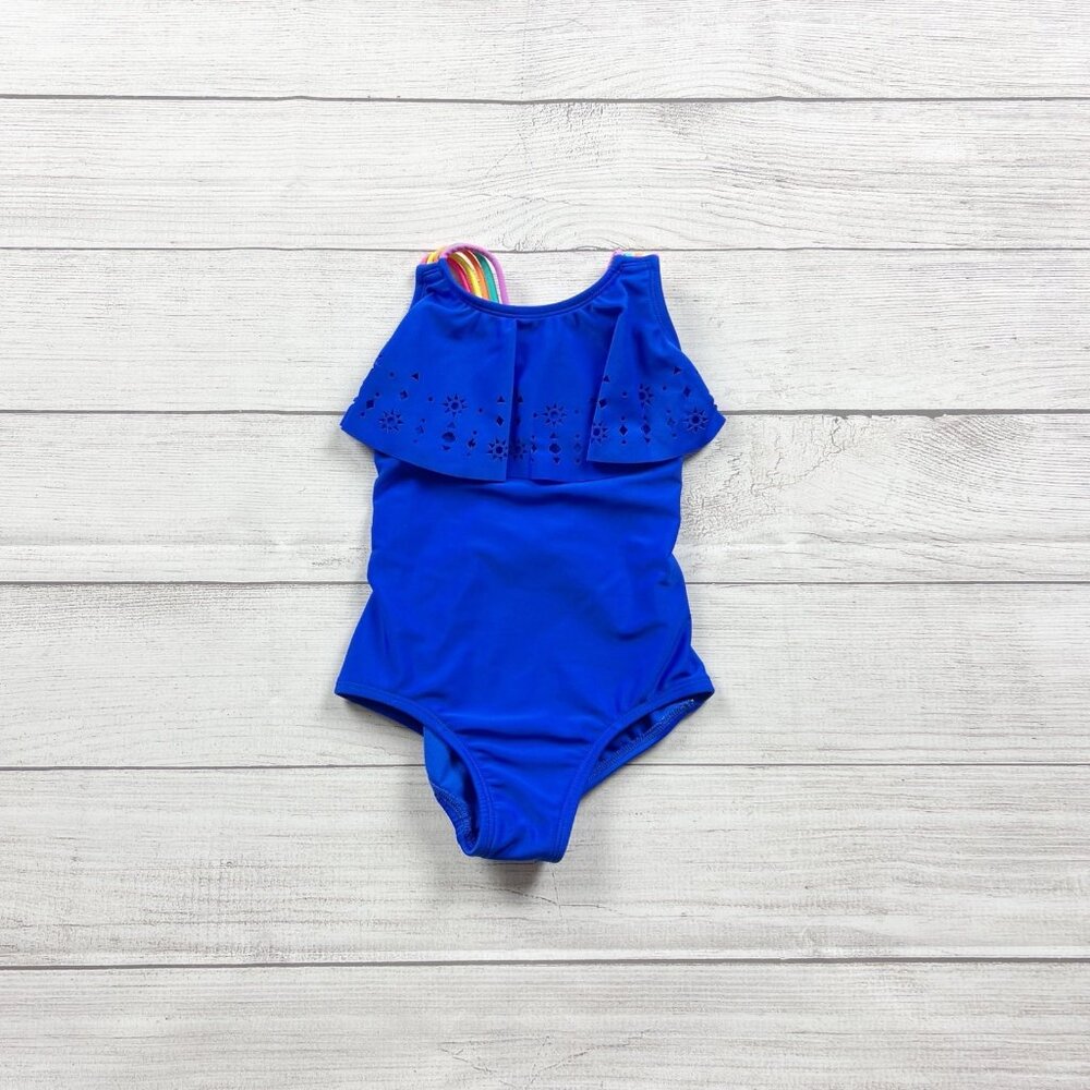 Cat & Jack Girls One Piece Swimsuit Blue Rainbow Strappy Cutout Ruffle XS 4-5